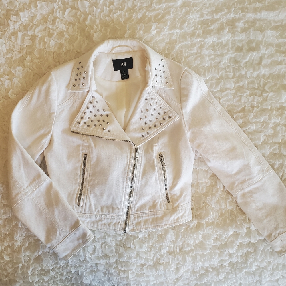 H&M White Denim Moto Jacket w/ Silver Studs